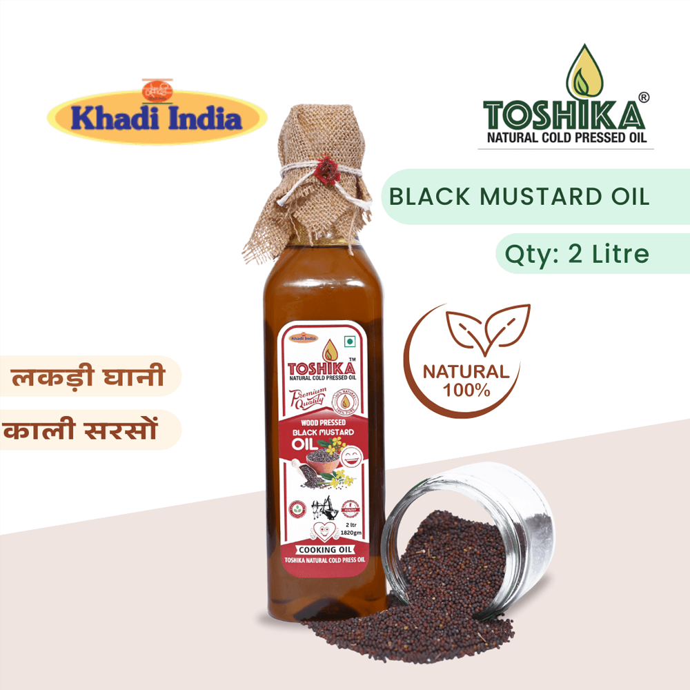 Premium Black Mustard Oil 2 Litre Kachi Ghani Wood Pressed Oil Toshika Natural